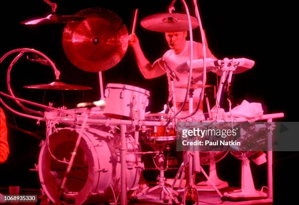 British musician Martin Chambers, of the group Pretenders, plays drums as he performs at the Poplar Creek Music Theater in Hoffman Estates, Illinois,...