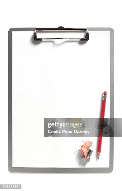 upright clipboard with red pencil with copy space - pencil shavings stock pictures, royalty-free photos & images