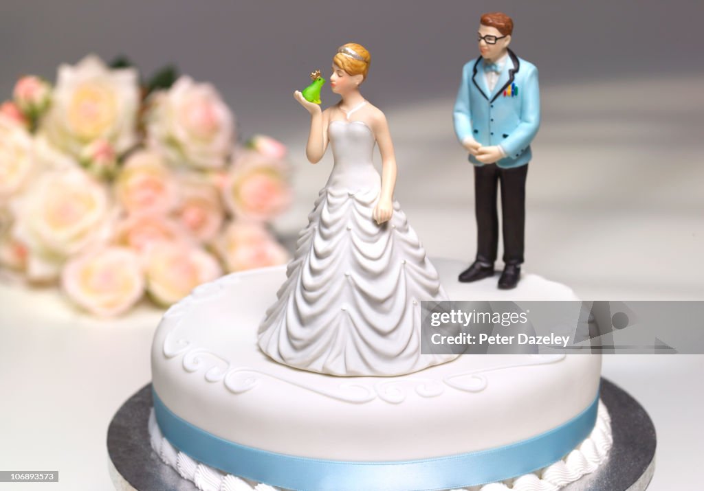 Bride kissing frog with geek husband behind