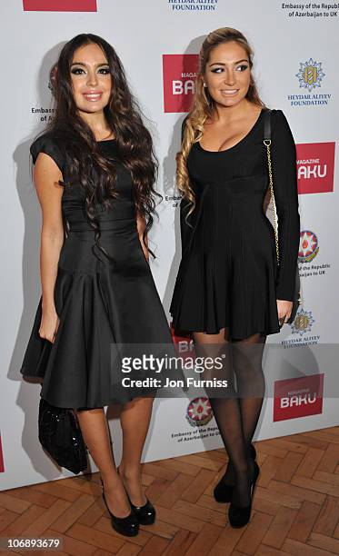 Leyla Aliyeva and Arzu Aliyeva attends the reception for the opening of an exhibition on Azerbaijani carpets at One Marylebone on November 15, 2010...