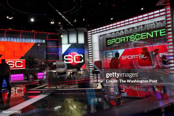 Kevin Negandhi prepares to anchor SportsCenter with Sage Steele at ESPN Headquarters on November 15, 2018.