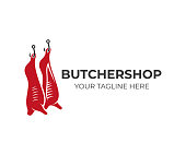Butcher shop and animal carcasses hang on hooks, icon design. Meal, food and meat, vector design and illustration