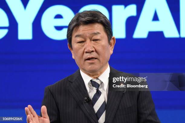 Toshimitsu Motegi, Japan's minister of economy, speaks during the Bloomberg Year Ahead summit in Tokyo, Japan, on Thursday, Dec. 6, 2018. Motegi,...