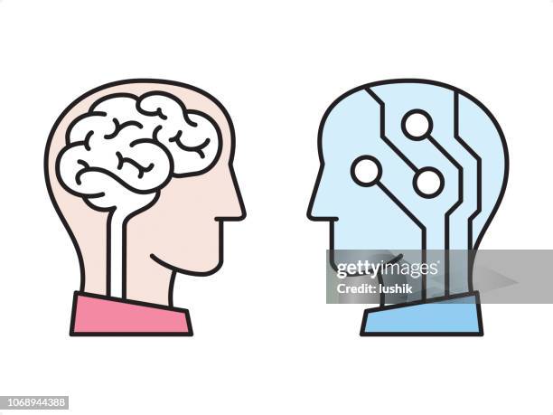 artificial intelligence vs human brain - neuron schema stock illustrations