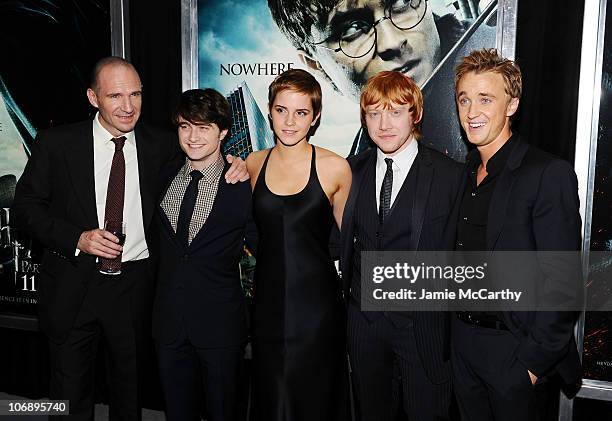 Actors Ralph Fiennes, Daniel Radcliffe, Emma Watson, Rupert Grint and Tom Felton attend the premiere of "Harry Potter and the Deathly Hallows: Part...