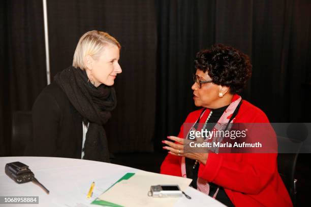 New York best-selling author, Eat, Pray, Love Elizabeth Gilbert and Founding Board Member @Masswomen Marian Heard converse during 2018 Massachusetts...