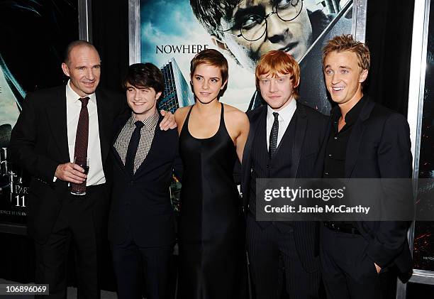 Actors Ralph Fiennes, Daniel Radcliffe, Emma Watson, Rupert Grint and Tom Felton attend the premiere of "Harry Potter and the Deathly Hallows: Part...