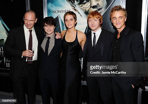Actors Ralph Fiennes, Daniel Radcliffe, Emma Watson, Rupert Grint and Tom Felton attend the premiere of "Harry Potter and the Deathly Hallows: Part...