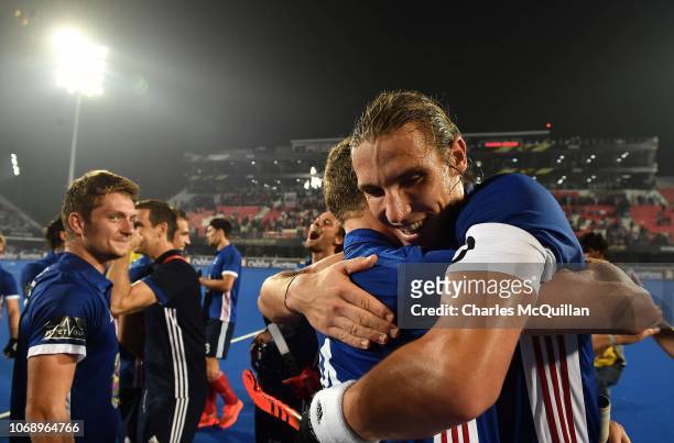 Victor Charlet of France celebrates after winning the FIH Men's Hockey World Cup Pool A match between Argentina and France at Kalinga Stadium on...