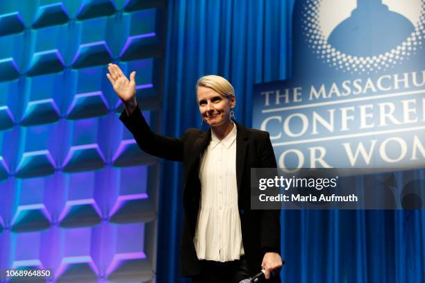 New York best-selling author, Eat, Pray, Love Elizabeth Gilbert speaks on stage during 2018 Massachusetts Conference For Women at Boston Convention &...