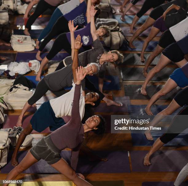 Iyengar Memorial Goya Institute organises a practical session of Iyengar Yoga for 1200 students from 56 countries at Balewadi Sports Complex, on...