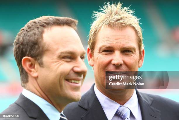 Michael Slater and Shane Warne pose for a photo during the Channel Nine 2010/11 Ashes Series launch at the Sydney Cricket Ground on November 16, 2010...