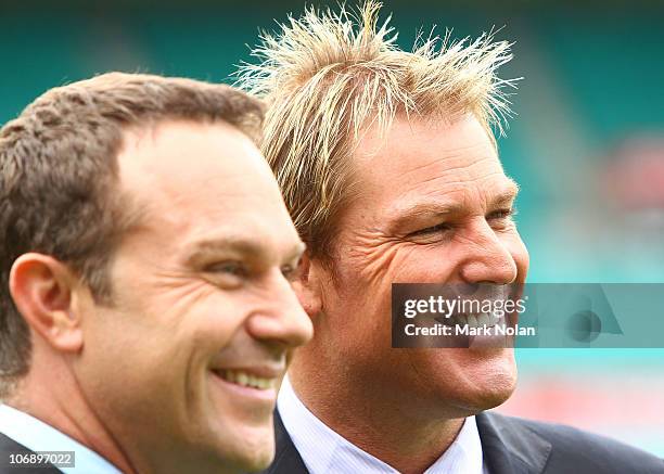 Michael Slater and Shane Warne pose for a photo during the Channel Nine 2010/11 Ashes Series launch at the Sydney Cricket Ground on November 16, 2010...