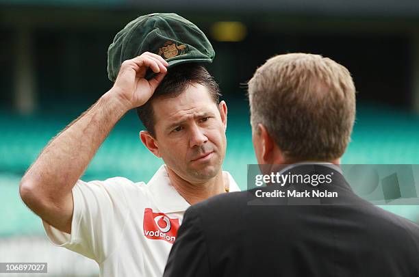 Australia cricket captain Ricky Ponting talks with Ian Healy during the Channel Nine 2010/11 Ashes Series launch at the Sydney Cricket Ground on...