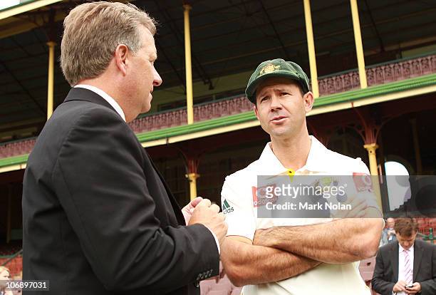 Australia cricket captain Ricky Ponting talks with Ian Healy during the Channel Nine 2010/11 Ashes Series launch at the Sydney Cricket Ground on...