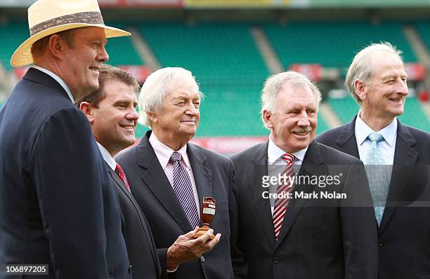 Tony Greig, Mark Taylor, Richie Benaud, Ian Chappell and Bill Lawry pose during the Channel Nine 2010/11 Ashes Series launch at the SCG on November...