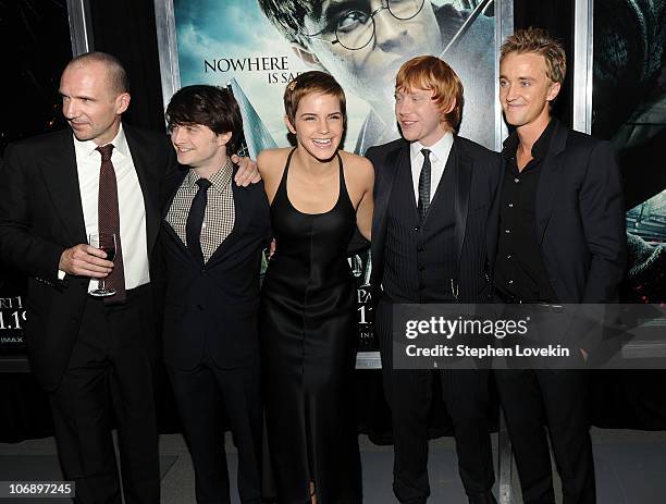 Actors Ralph Fiennes, Daniel Radcliffe, Emma Watson, Rupert Grint and Tom Felton attend the premiere of "Harry Potter and the Deathly Hallows - Part...
