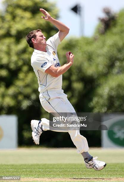 Ian Butler of the Volts makes a delivery during day one of the Plunket Shield match between the Auckland Aces and the Otago Volts at Colin Maiden...