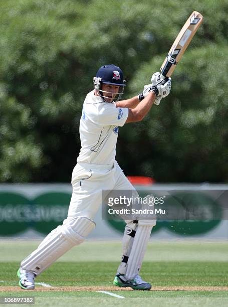 Colin de Grandhomme of the Aces bats during day one of the Plunket Shield match between the Auckland Aces and the Otago Volts at Colin Maiden Park on...