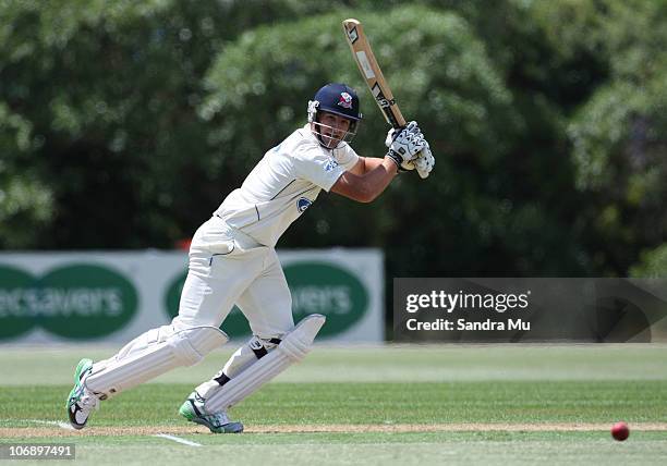 Colin de Grandhomme of the Aces bats during day one of the Plunket Shield match between the Auckland Aces and the Otago Volts at Colin Maiden Park on...