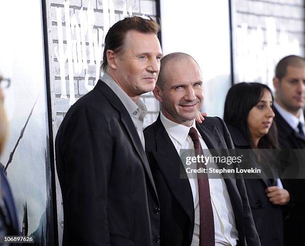 Actors Liam Neeson and Ralph Fiennes attend the premiere of "Harry Potter and the Deathly Hallows - Part 1" at Alice Tully Hall on November 15, 2010...