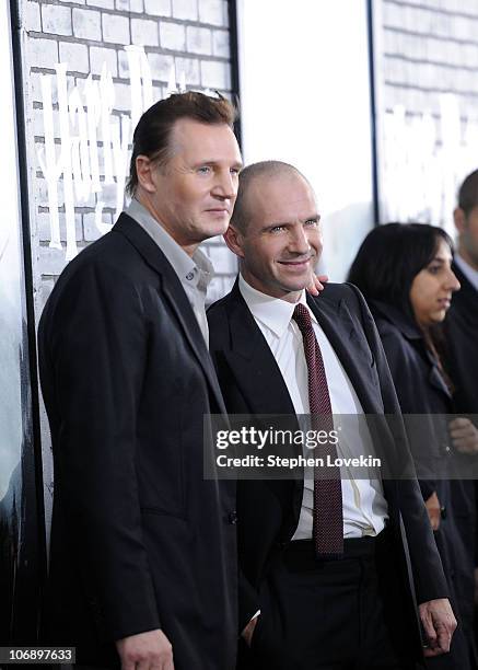 Actors Liam Neeson and Ralph Fiennes attend the premiere of "Harry Potter and the Deathly Hallows - Part 1" at Alice Tully Hall on November 15, 2010...