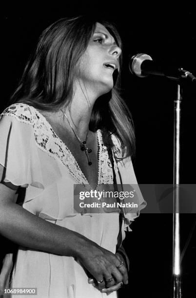 Singer Annie Haslam of Renaissance sings on stage at Gilson Park in Highland Park, Illinois, July 30, 1977.