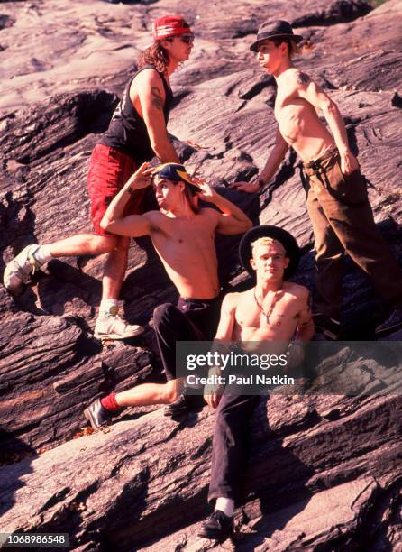 Portrait of the Red Hot Chili Peppers, clockwise from upper left, Chad Smith, John Frusciante, Flea, and Anthony Kiedis in Central Park in New York,...