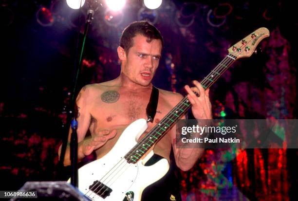 Flea of the Red Hot Chili Peppers performs on stage at the Aragon Ballroom in Chicago, Illinois, December 6, 1991.