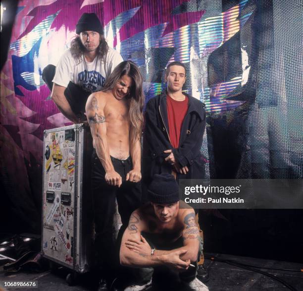 Portrait of the Red Hot Chili Peppers, clockwise from upper left, Chad Smith, John Frusciante, Flea, and Anthony Kiedis at the Aragon Ballroom in...