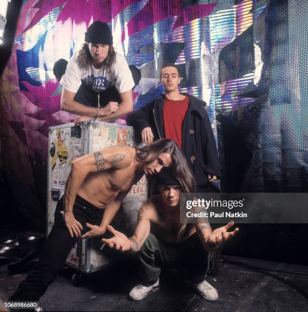 Portrait of the Red Hot Chili Peppers, clockwise from upper left, Chad Smith, John Frusciante, Flea, and Anthony Kiedis at the Aragon Ballroom in...