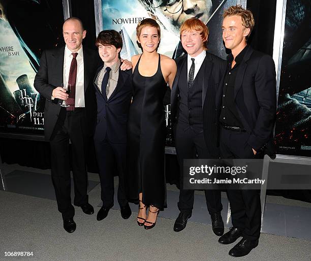 Actors Ralph Fiennes, Daniel Radcliffe, Emma Watson, Rupert Grint and Tom Felton attend the premiere of "Harry Potter and the Deathly Hallows: Part...