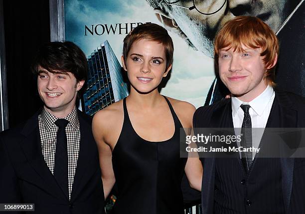 Actors Daniel Radcliffe, Emma Watson, Rupert Grint and Tom Felton attend the premiere of "Harry Potter and the Deathly Hallows: Part 1" at Alice...