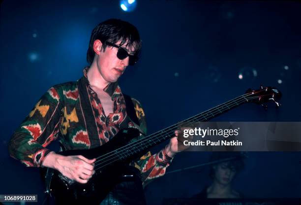 British musician Tim Butler of the Psychedelic Furs plays bass guitar as he performs onstage at the Poplar Creek Music Theater, Hoffman Estates,...