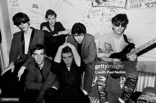 Portrait of British group the Psychedelic Furs as they pose backstage at Tuts, Chicago Illinois, October 8, 1980. Pictured are, from left, Tim...