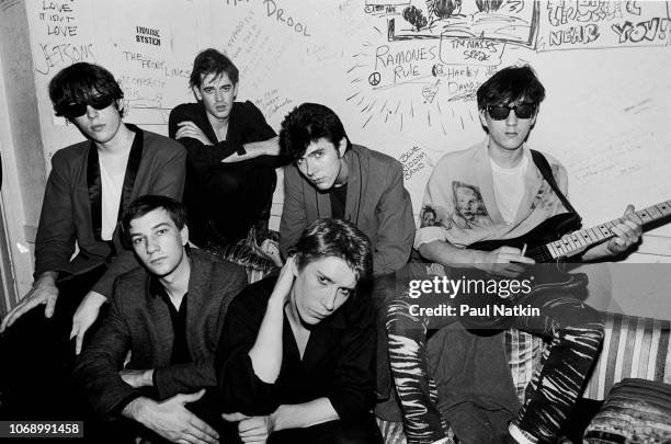 Portrait of British group the Psychedelic Furs as they pose backstage at Tuts, Chicago Illinois, October 8, 1980. Pictured are, from left, Tim...