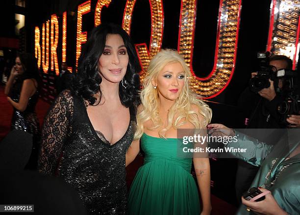 Cher and actress/singer Christina Aguilera arrive at the premiere of Screen Gems' "Burlesque" at Grauman�s Chinese Theater on November 15, 2010 in...