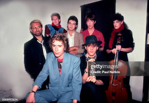 Portrait of British group the Psychedelic Furs as they pose backstage at the Riviera Theater, Chicago, Illinois, November 9, 1982. Pictured are, from...