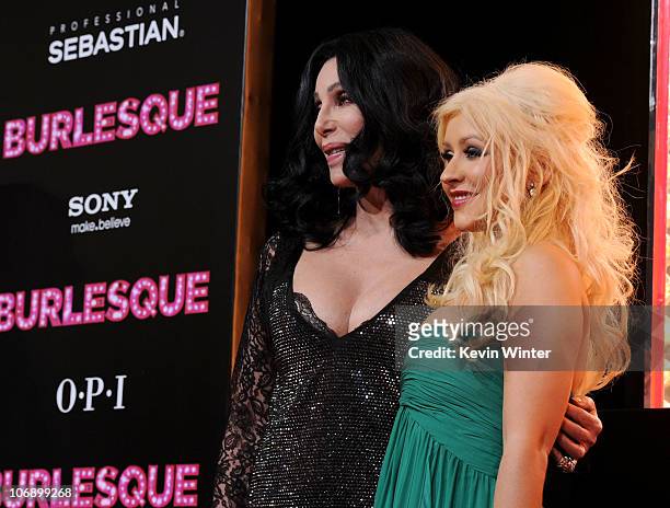 Cher and actress/singer Christina Aguilera arrive at the premiere of Screen Gems' "Burlesque" at Grauman�s Chinese Theater on November 15, 2010 in...