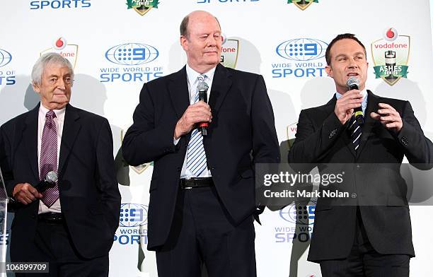 Richie Benaud, Tony Greig and Michael Slater talk during the Channel Nine 2010/11 Ashes Series launch at the SCG on November 16, 2010 in Sydney,...