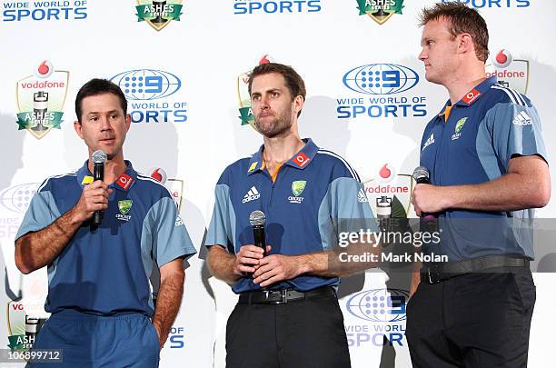 Ricky Ponting, Simon Katich and Doug Bollinger talk during the Channel Nine 2010/11 Ashes Series launch at the SCG on November 16, 2010 in Sydney,...