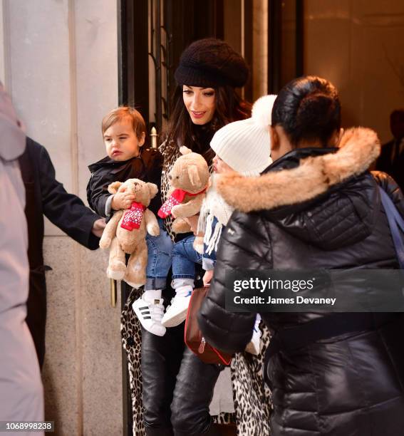 Amal Clooney seen with her children Alexander Clooney and Ella Clooney on December 6, 2018 in New York City.