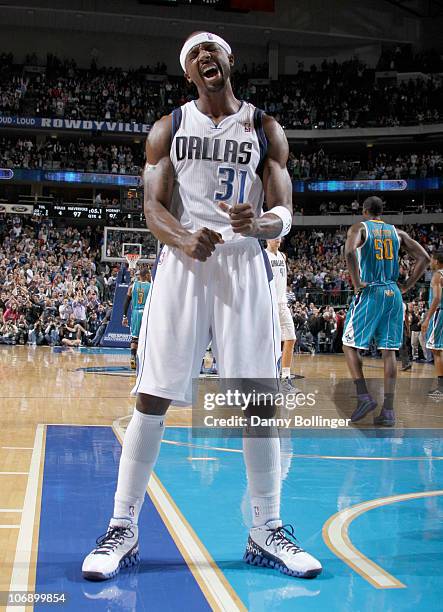 Jason Terry of the Dallas Mavericks celebrates a win against the New Orleans Hornets during a game on November 15, 2010 at the American Airlines...