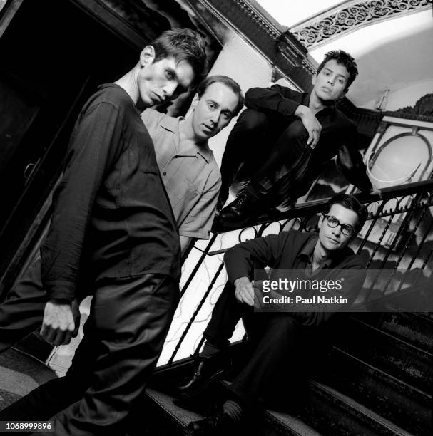 Portrait of the band Possum Dixon, left to right, Rob Zabrecky, Rich Truel, Robert O'Sullivan, and Celso Chavez at the Metro in Chicago, Illinois,...