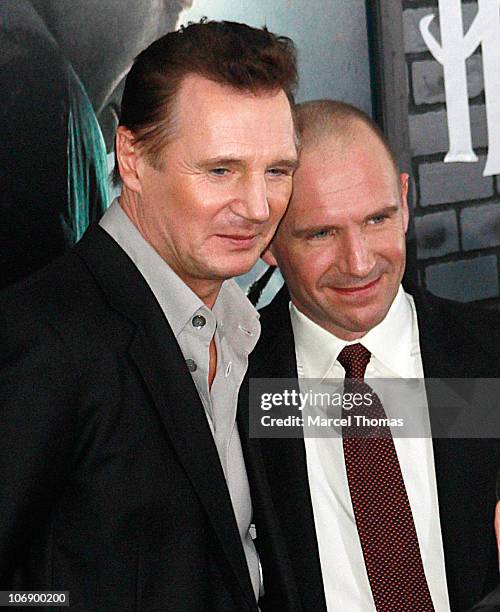 Actors Liam Neeson and Ralph Fiennes attend the premiere of "Harry Potter and the Deathly Hallows: Part 1" at Alice Tully Hall on November 15, 2010...