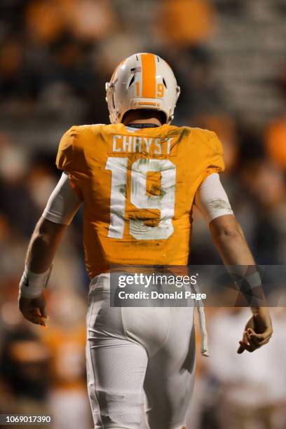 Quarterback Keller Chryst of the Tennessee Volunteers walks off the field during the game between the Missouri Tigers and the Tennessee Volunteers at...