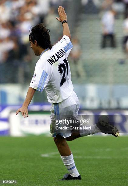 Simone Inzaghi of Lazio celebrates scoring during the Serie A league match between Lazio and Perugia played at the Olimpico Stadium in Rome, Italy....