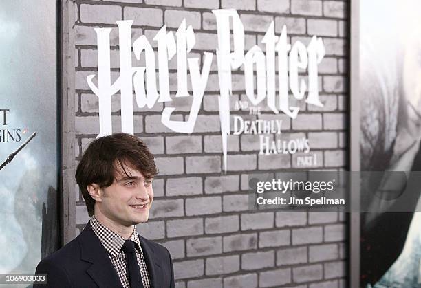 Actor Daniel Radcliffe attends the premiere of "Harry Potter and the Deathly Hallows: Part 1" at Alice Tully Hall on November 15, 2010 in New York...