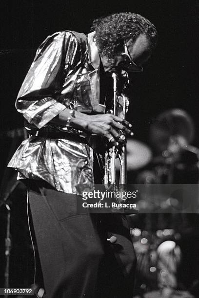 American musician Miles Davis performs in concert, New York, New York, circa 1987.