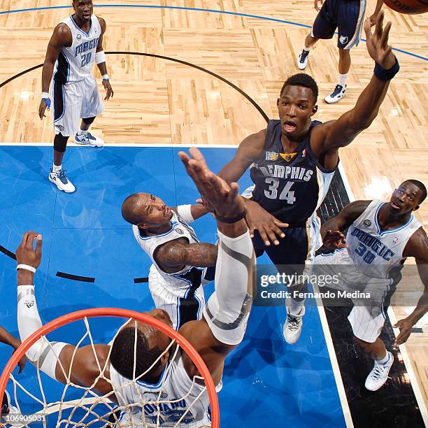 Hasheem Thabeet of the Memphis Grizzlies shoots against the Orlando Magic on November 15, 2010 at the Amway Center in Orlando, Florida. NOTE TO USER:...